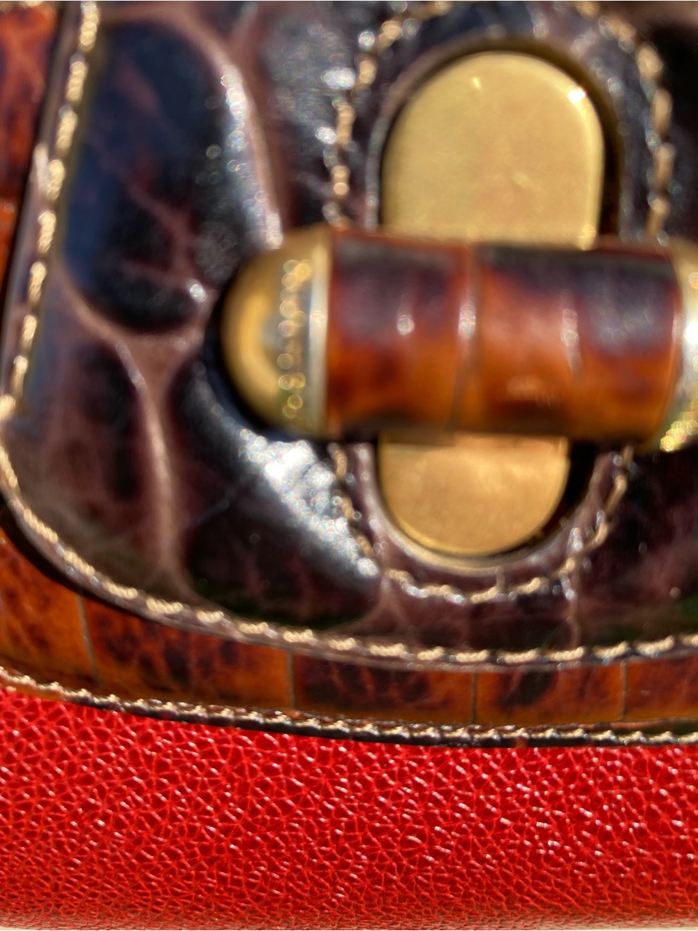 Brahmin Red Shoulder Bag w/Brown Leather Croc-Embossed Trim - Picture 8 of 13